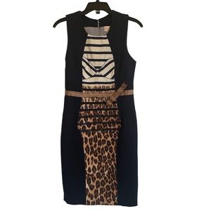 TRACY REESE Sleeveless Navy Blue Stripe and Leopard Print Dress